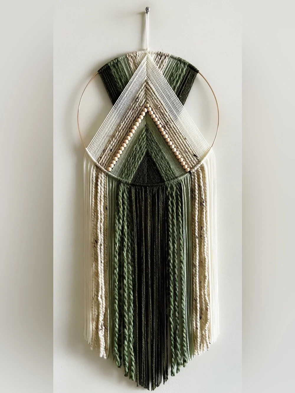 Dark Green and Beige Beaded Yarn Hoop Wall Hanging Macrame Wall Art